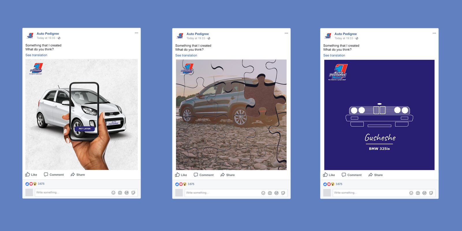 Auto Pedigree social media posts, three Facebook creative concepts