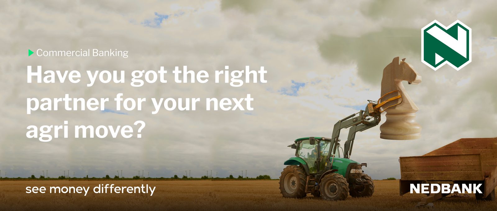 Nedbank Nampo 2023 agri banking campaign, tractor lifting a chess knight