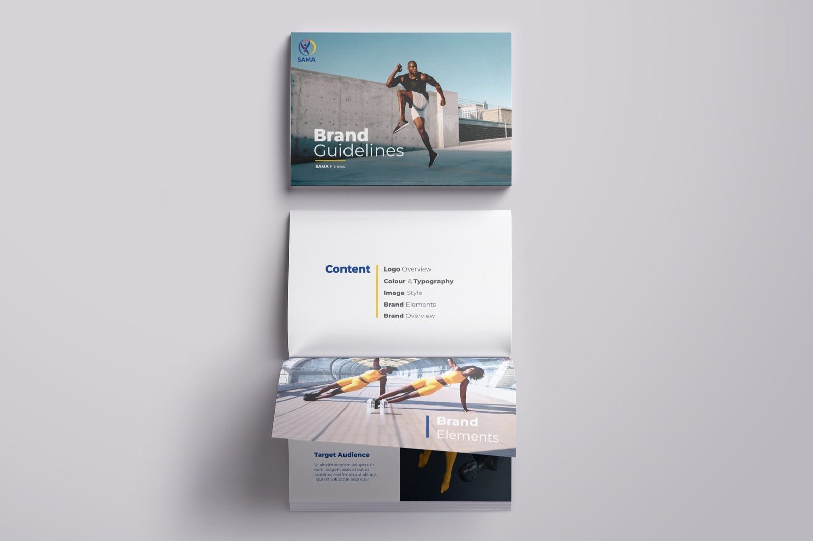 SAMA Fitness brand guidelines book, cover and inside spreads