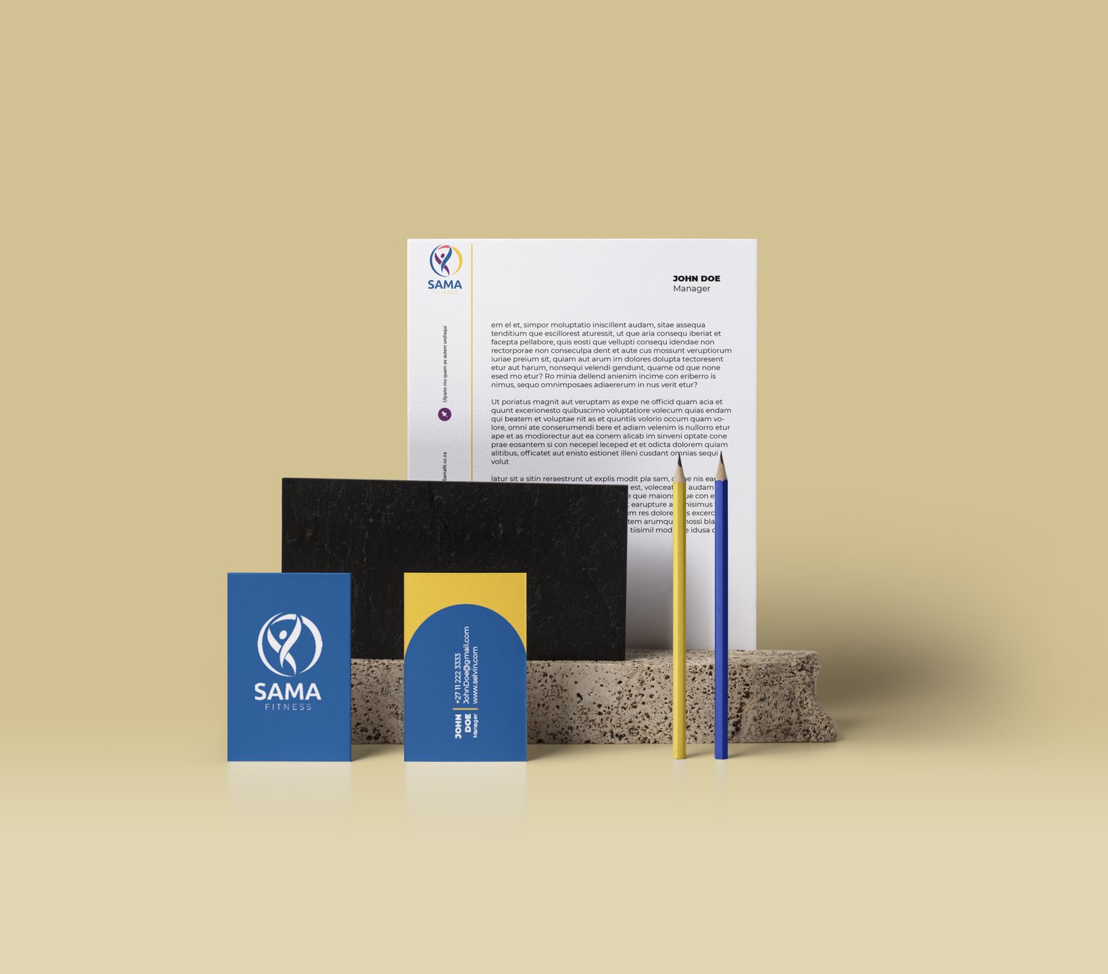 SAMA Fitness corporate stationery, business cards and letterhead
